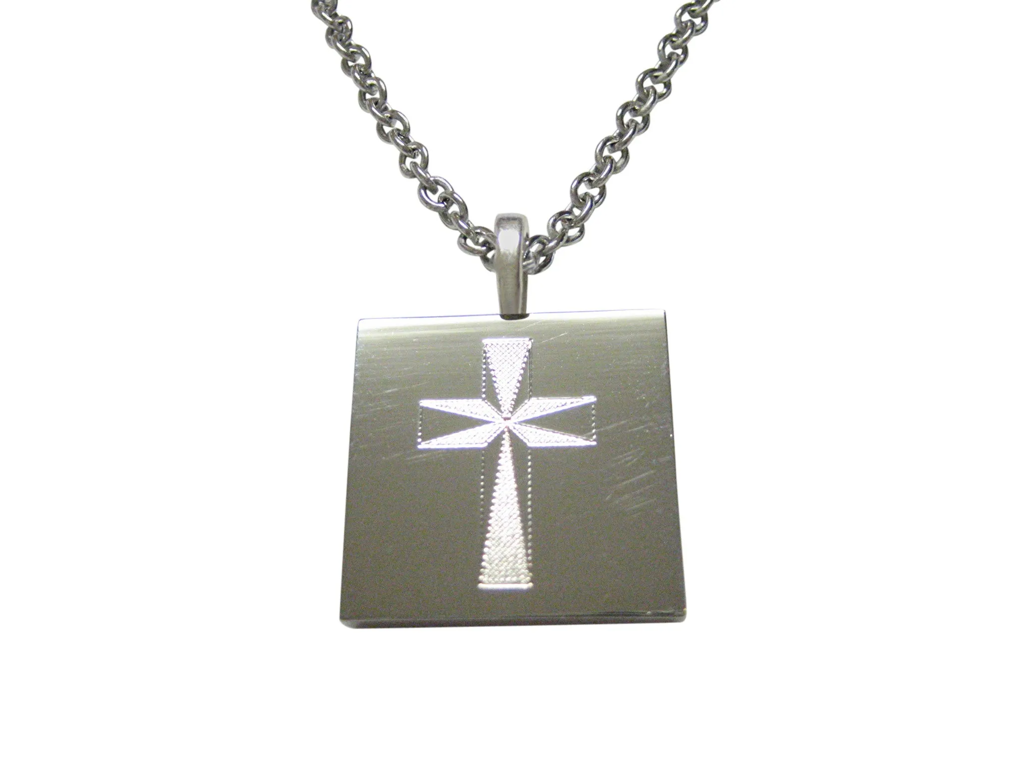 Silver Toned Etched Religious Cross Pendant Necklace