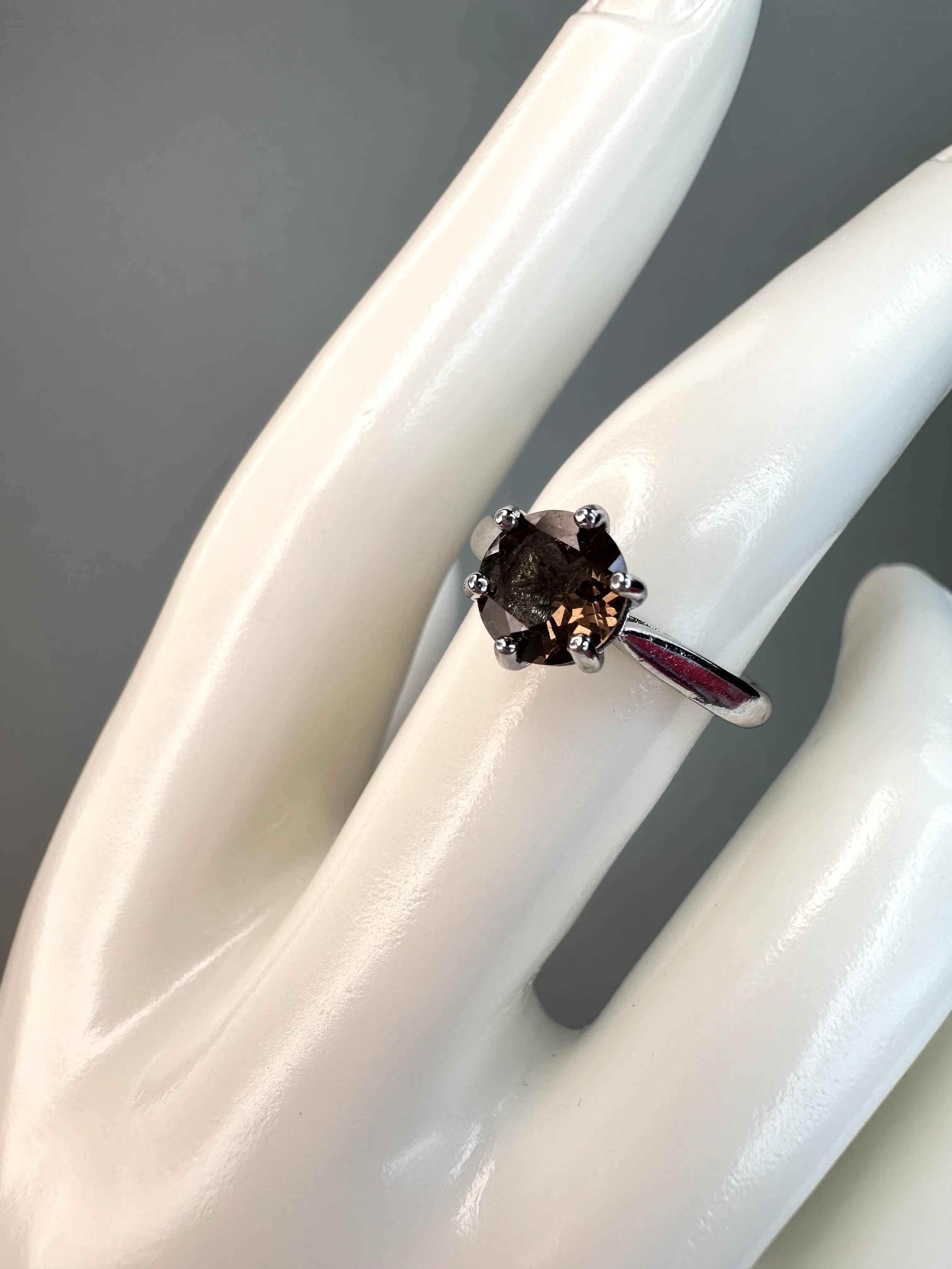 Simple Smokey Quartz Circular Ring | Adjustable | Silver Plated