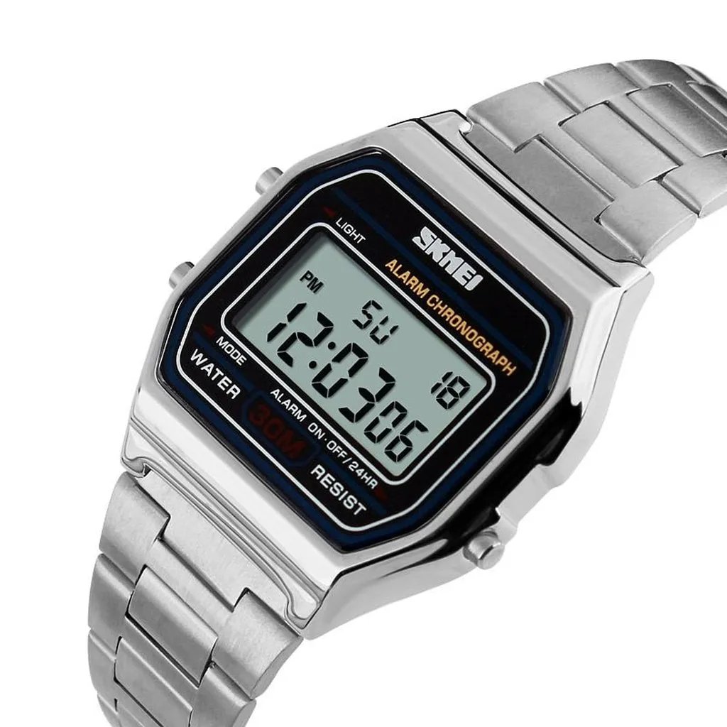 SKMEI Fashion Casual Sport Watch Men Stainless Steel Strap LED Display Watches 3Bar Waterproof Digital Watch Reloj Hombre 1123