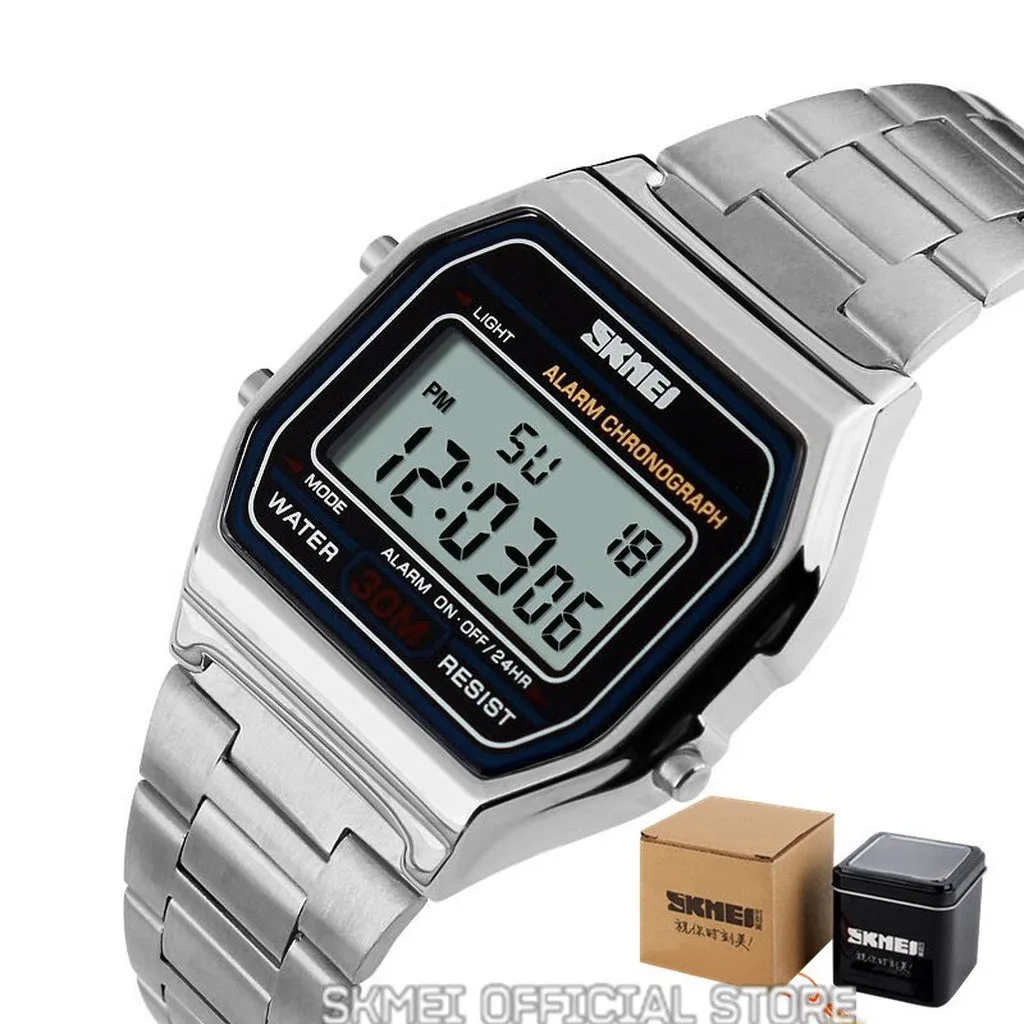 SKMEI Fashion Casual Sport Watch Men Stainless Steel Strap LED Display Watches 3Bar Waterproof Digital Watch Reloj Hombre 1123
