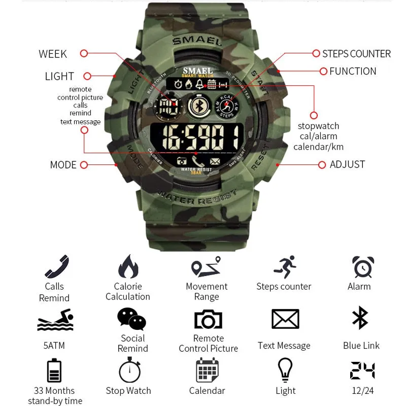SMAEL Male Military Army Camouflage Wrist Watch LED Display Watches Chronograph Sport WristWatches Mens Digital Watches For Men
