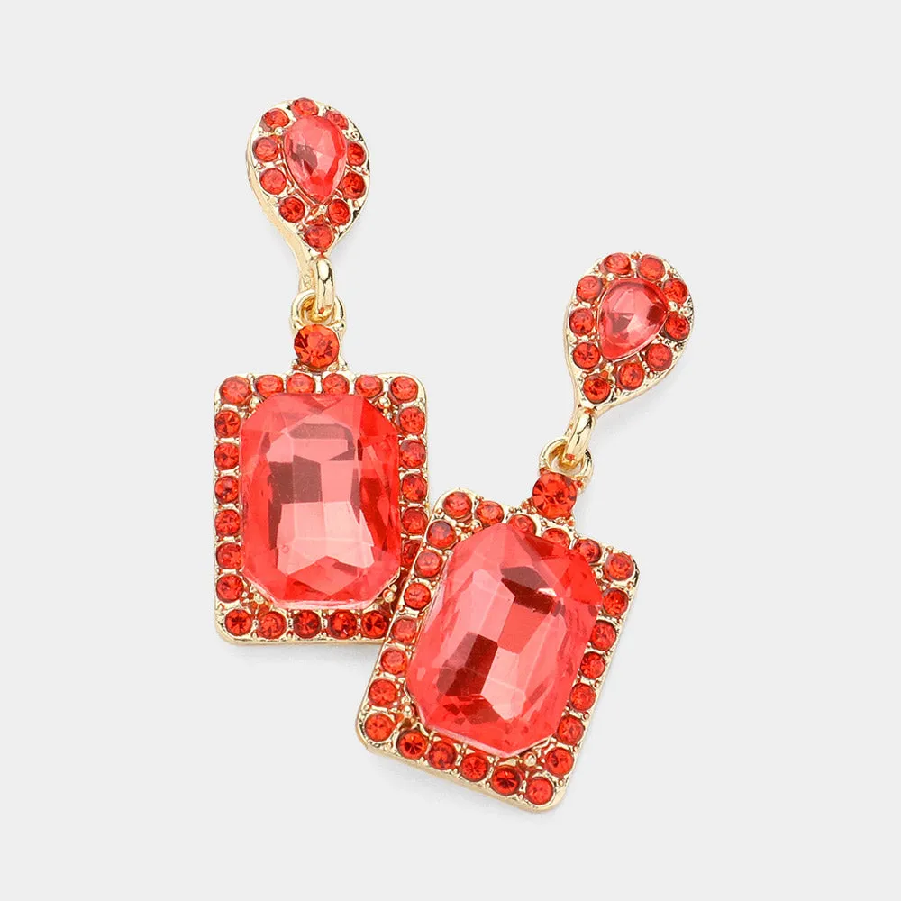 Small Coral Square Stone and Rhinestone Edged Dangle Pageant Earrings | Interview Earrings |  622235