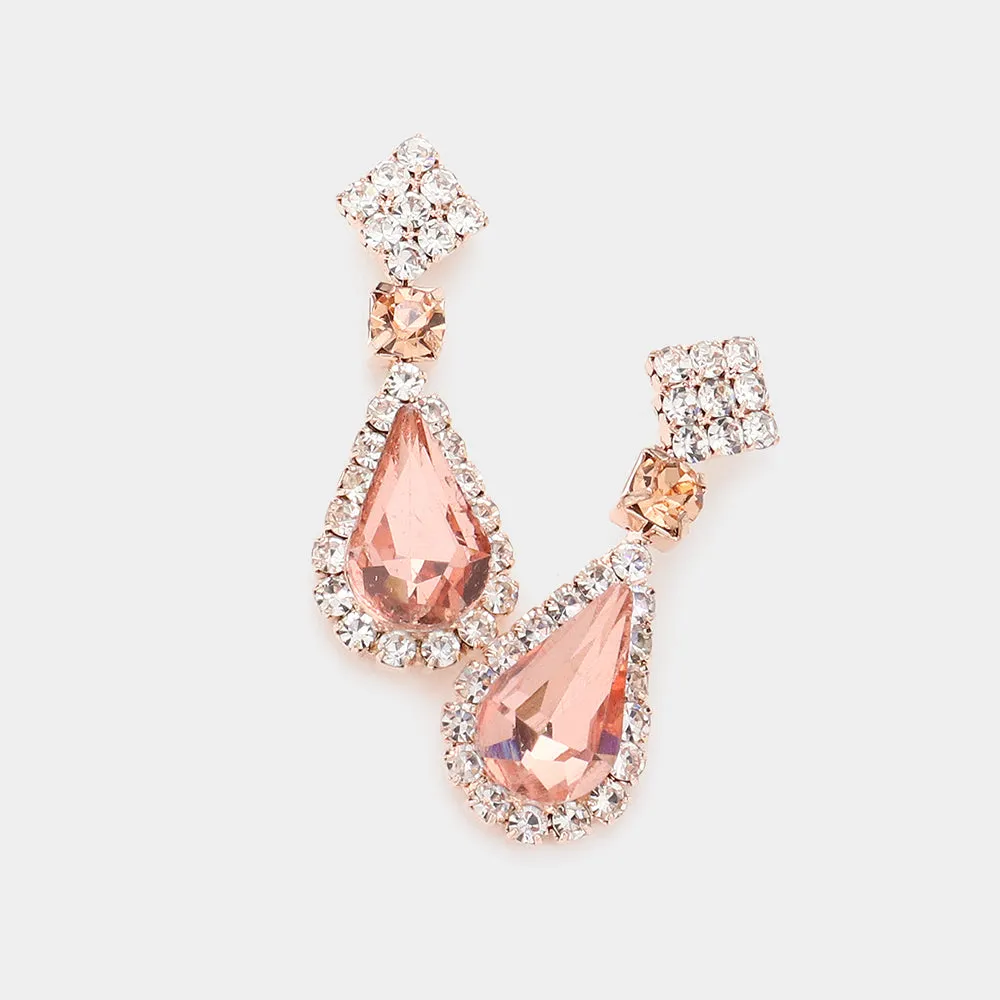 Small Peach Teardrop Rhinestone Accented Dangle Earrings on Rose Gold | Earrings for Little Girls|  585554