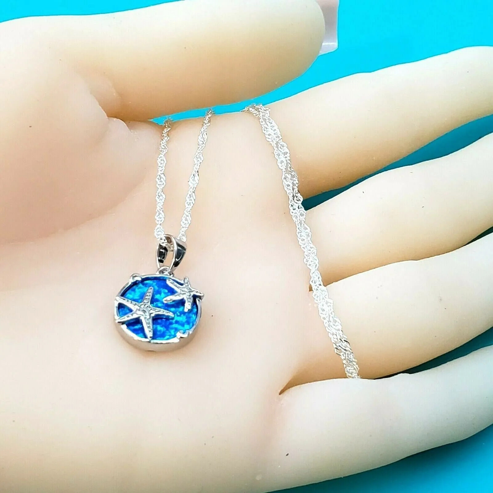 Solid 925 Sterling Silver. Blue Opal Starfish Pendant with 18" chain. Jewelry