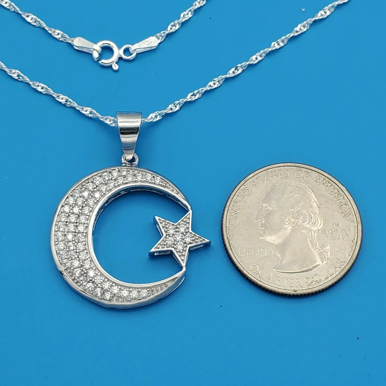 Solid 925 Sterling Silver. Moon & Star CZ Crystals Pendant & Chain