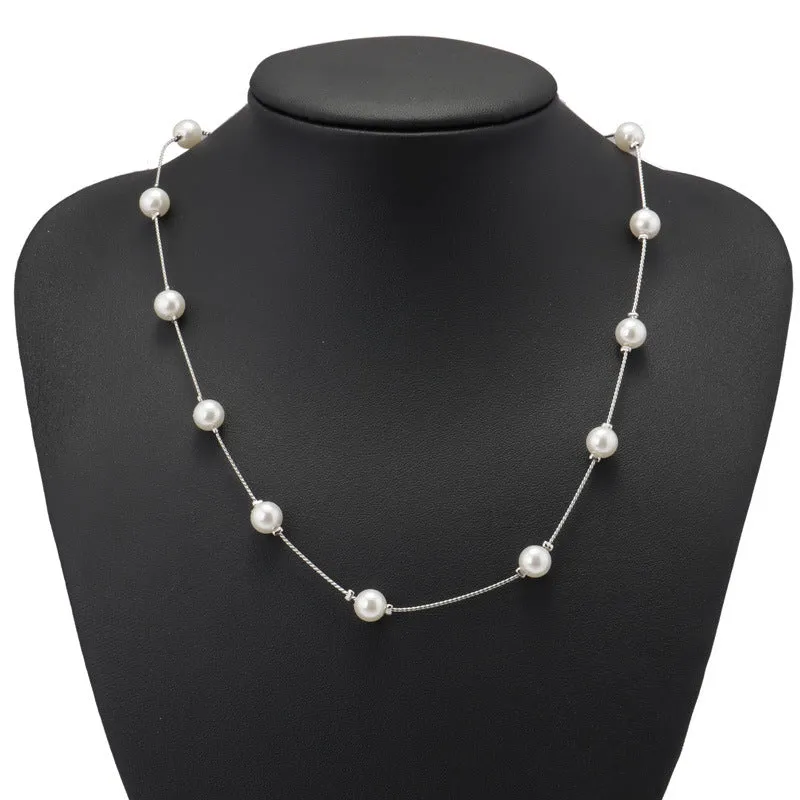 Spaced Pearl Silver Chain Necklace