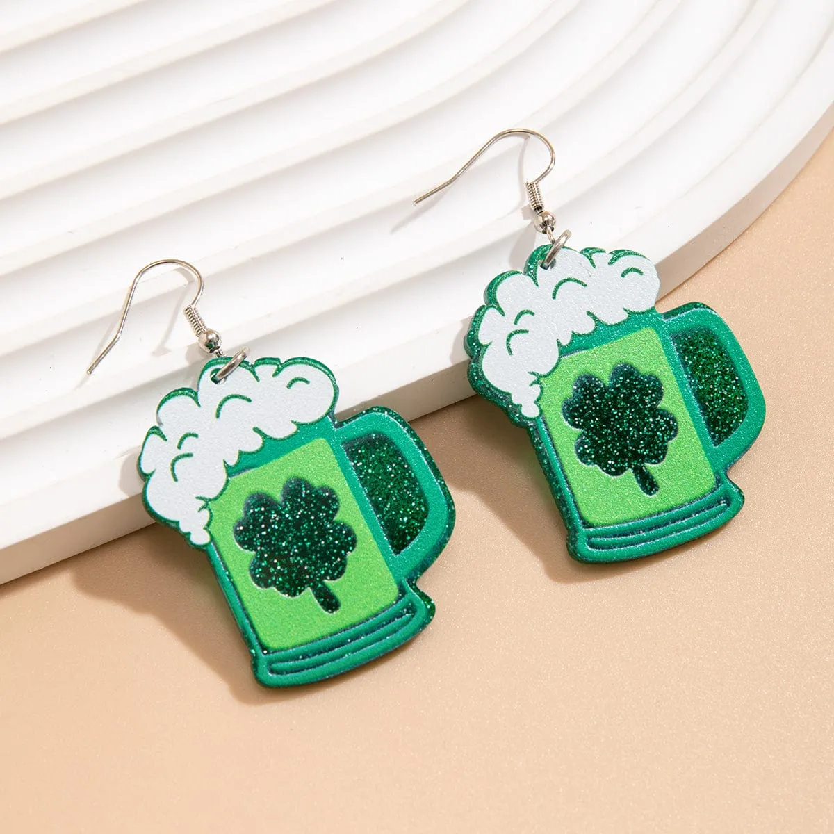 Sparkling Lucky Clover Beer Dangle Earrings