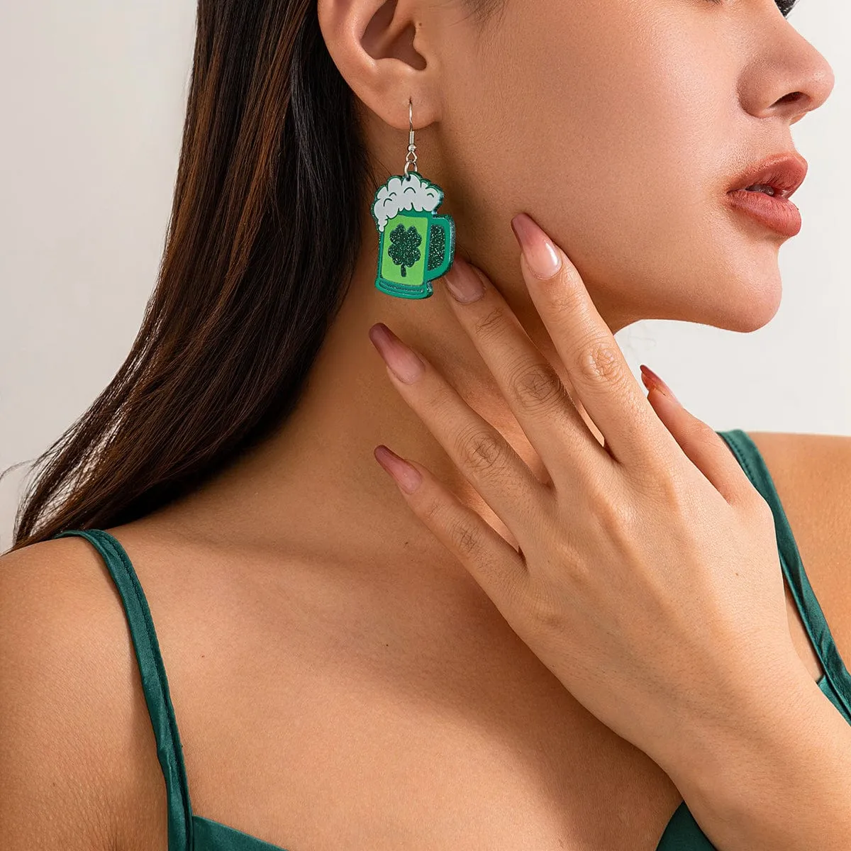 Sparkling Lucky Clover Beer Dangle Earrings