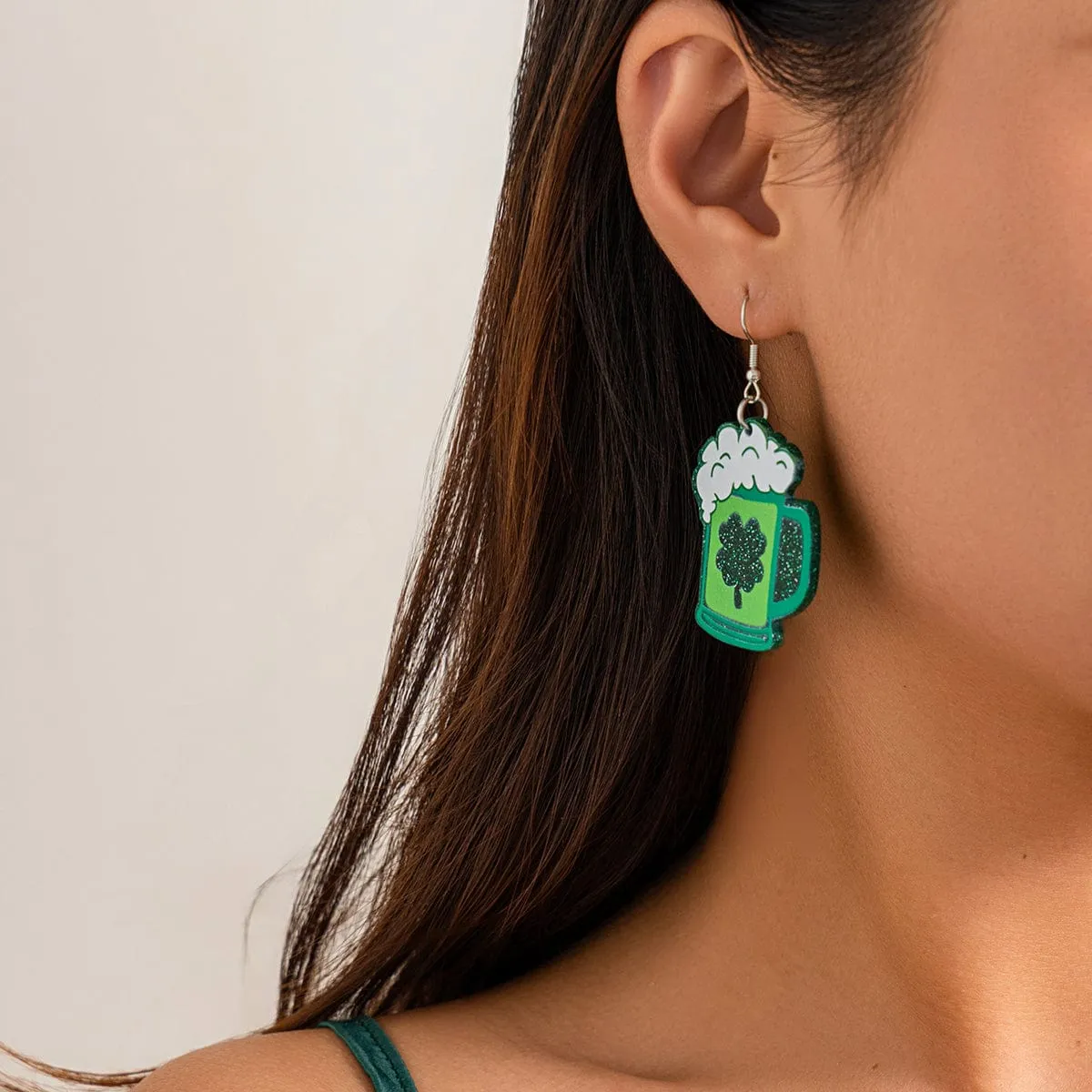 Sparkling Lucky Clover Beer Dangle Earrings
