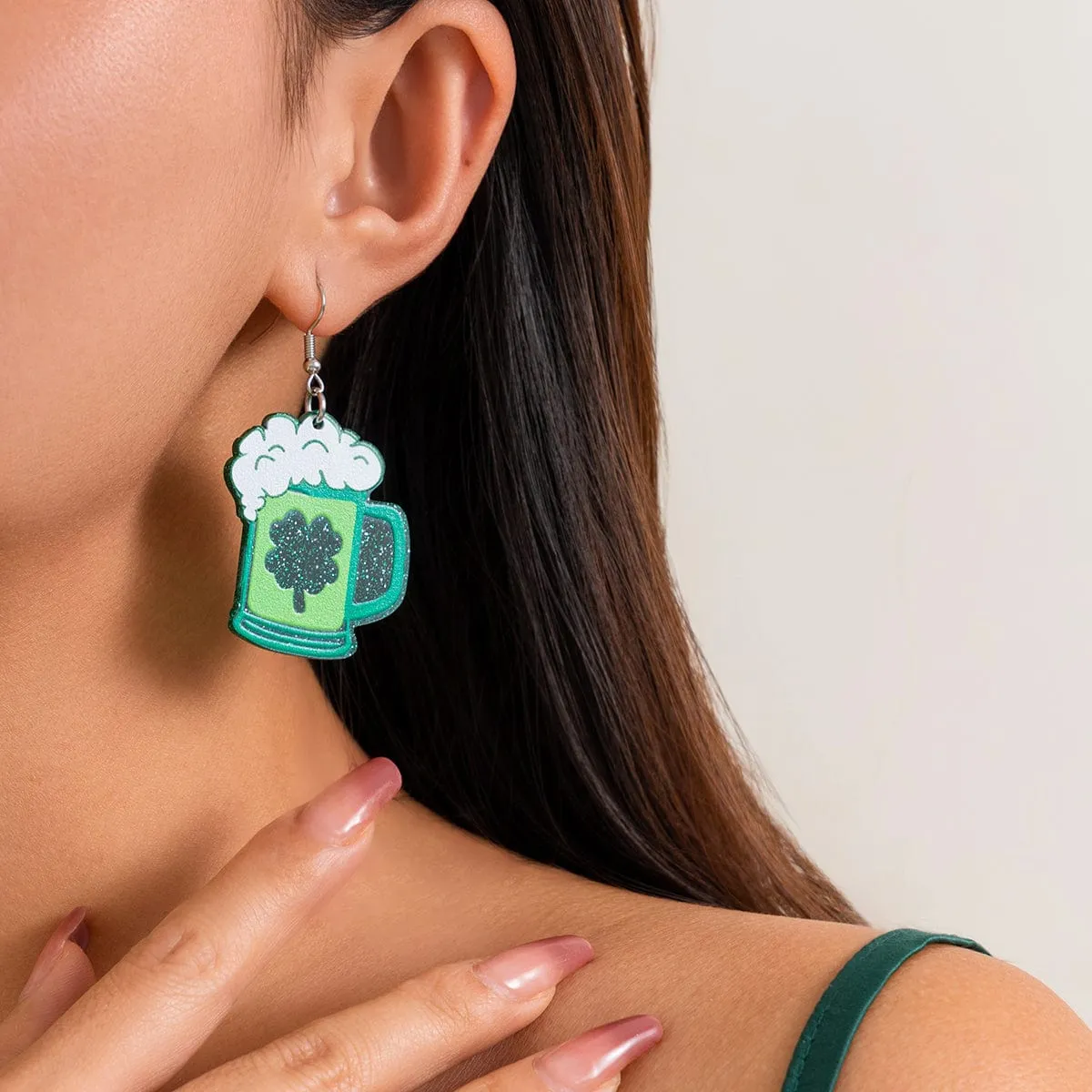 Sparkling Lucky Clover Beer Dangle Earrings