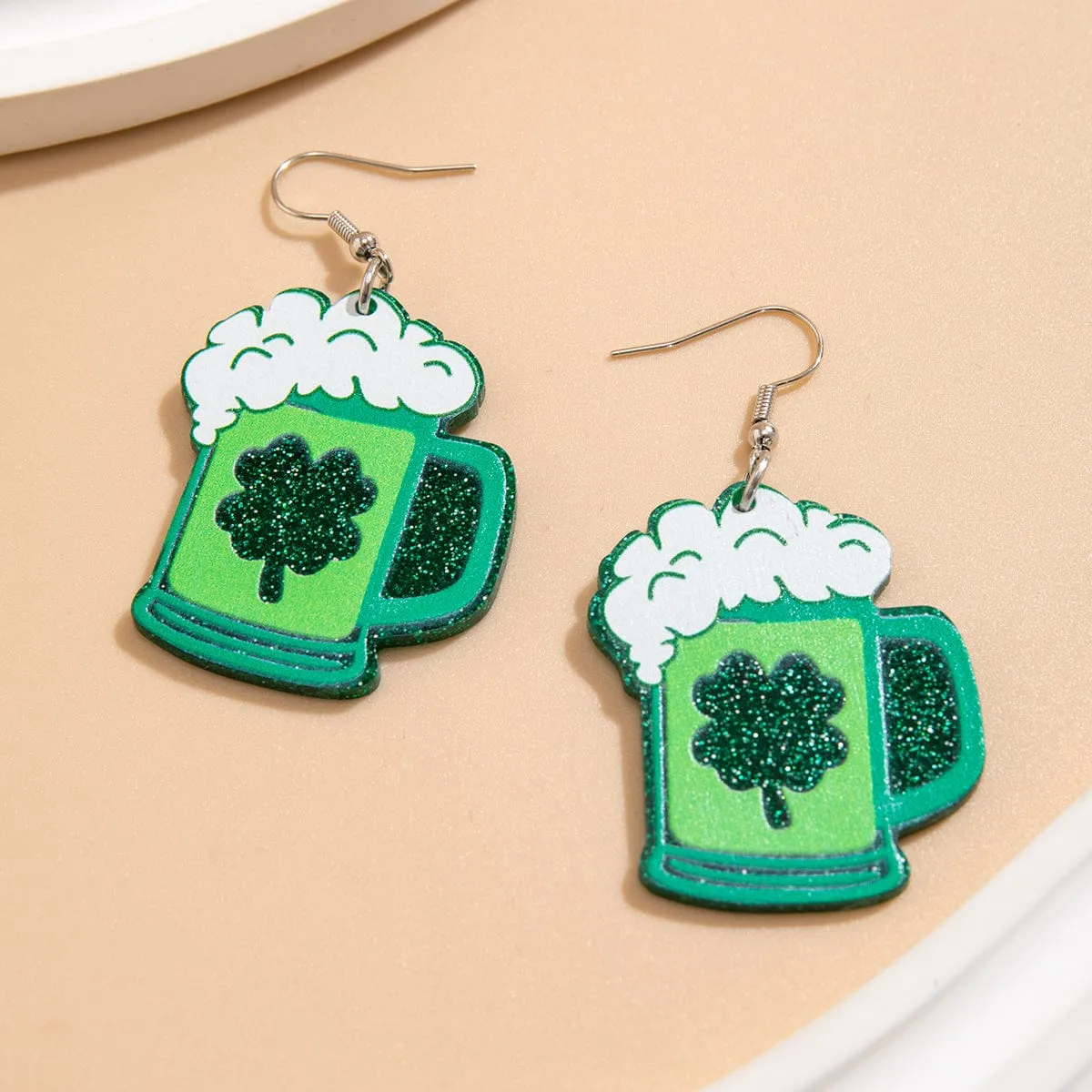 Sparkling Lucky Clover Beer Dangle Earrings