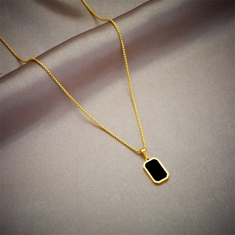 Stainless Steel Black Rectangular Pendant Necklace For Women