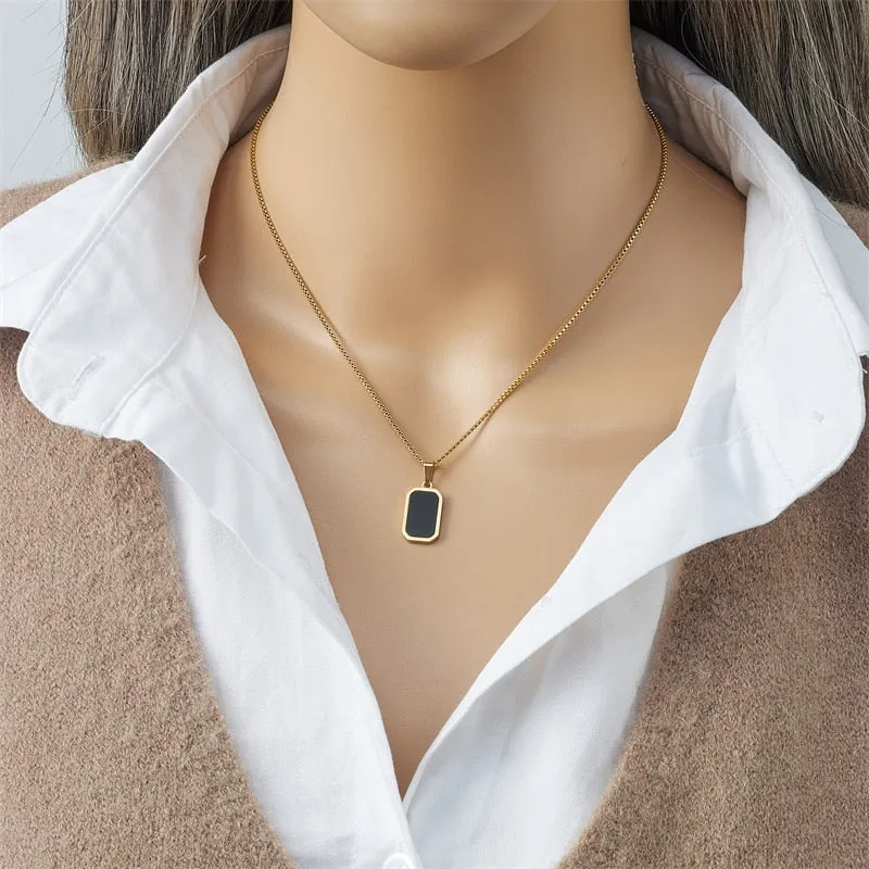 Stainless Steel Black Rectangular Pendant Necklace For Women