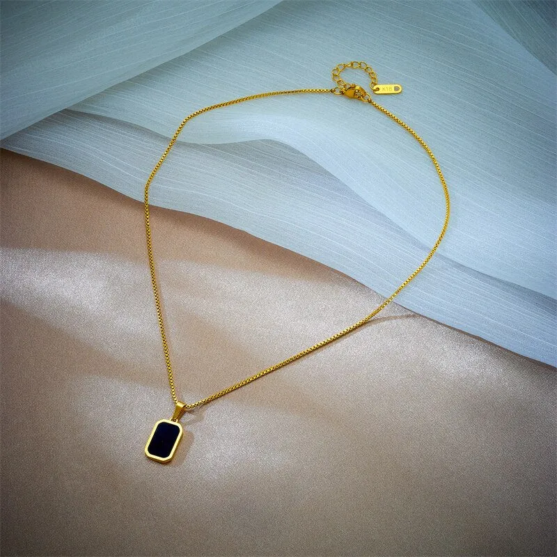 Stainless Steel Black Rectangular Pendant Necklace For Women