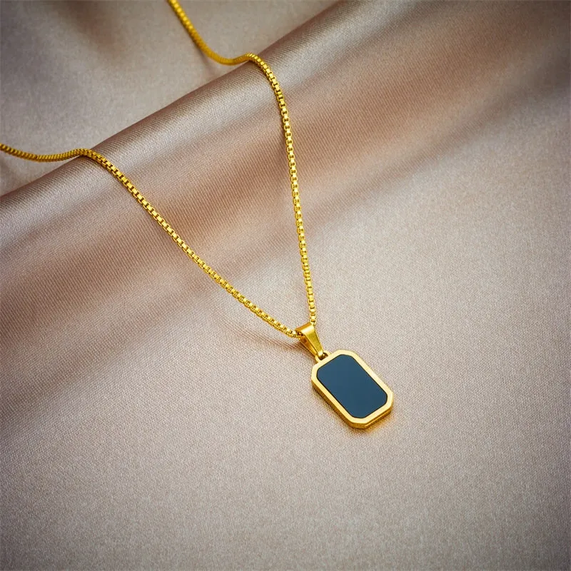 Stainless Steel Black Rectangular Pendant Necklace For Women