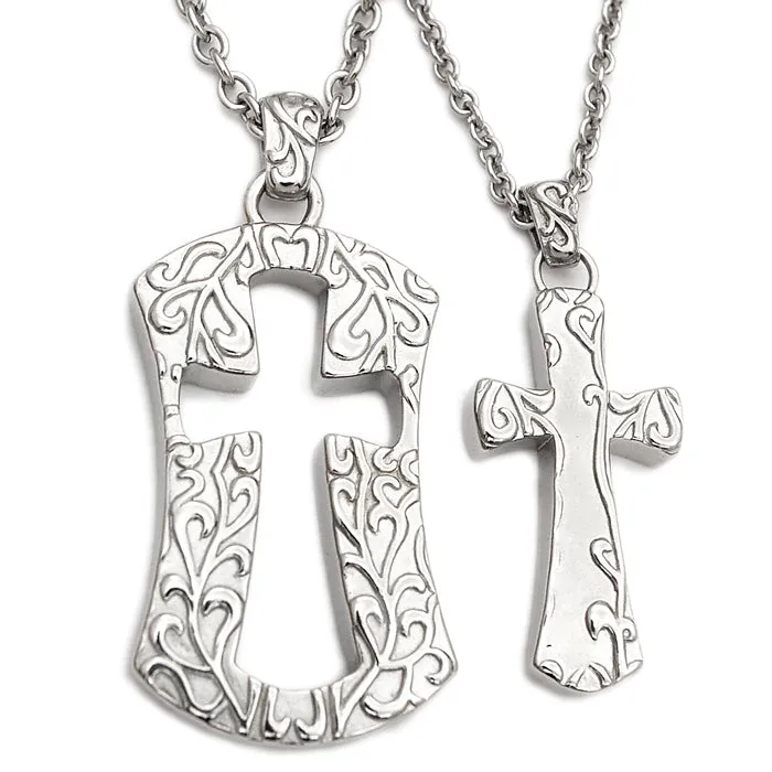 Stainless Steel Couple Cross Necklaces - Wear Together or Gift as a Reminder - 24 Chain with Pouch Included"