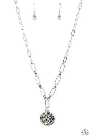 Stardust Saucer - Blue - Star "Shine Bright" Iridescent Rhinestone Inspirational Paparazzi Short Necklace