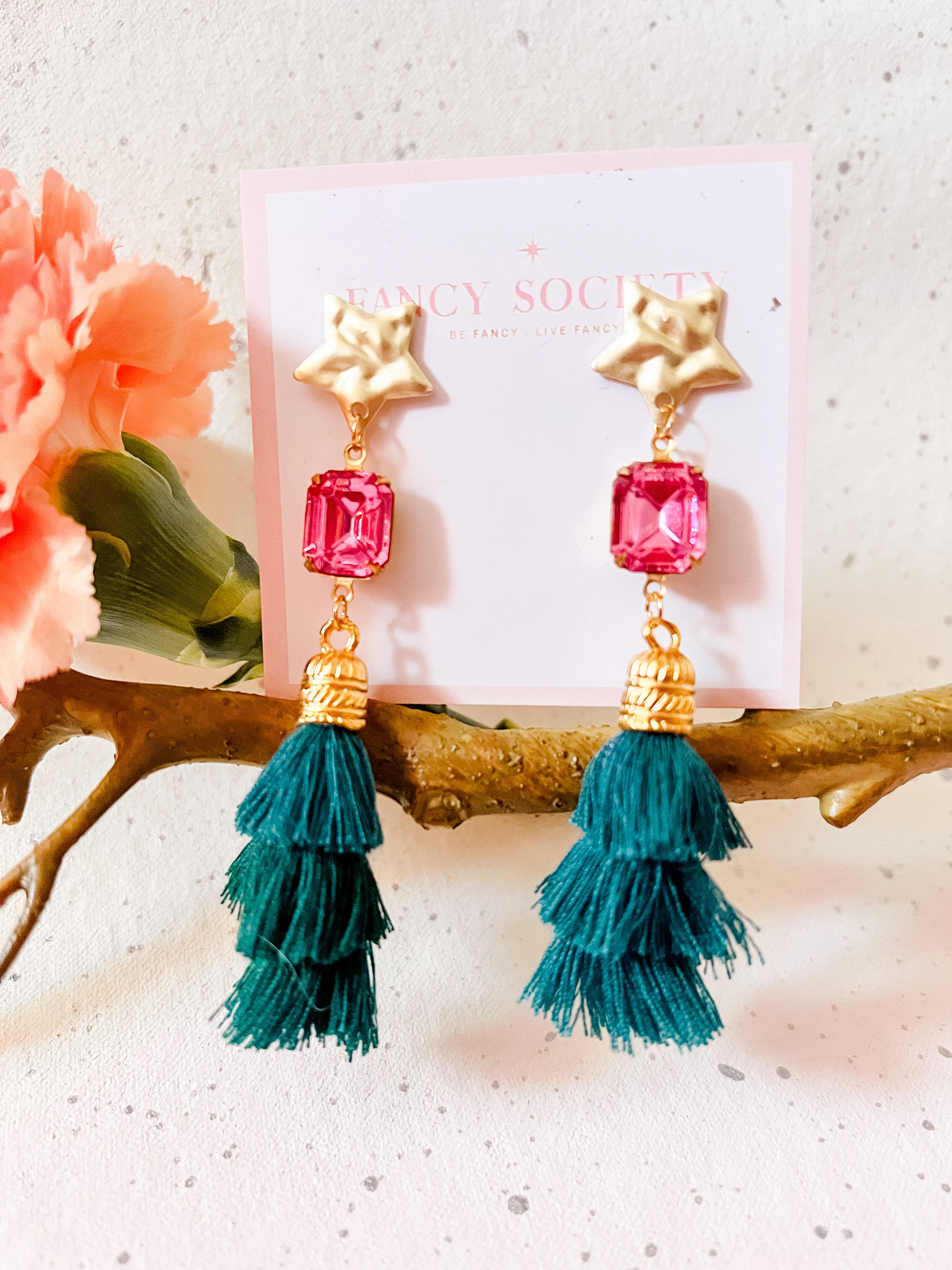 Starlight Tassel Earrings - Pink and Green
