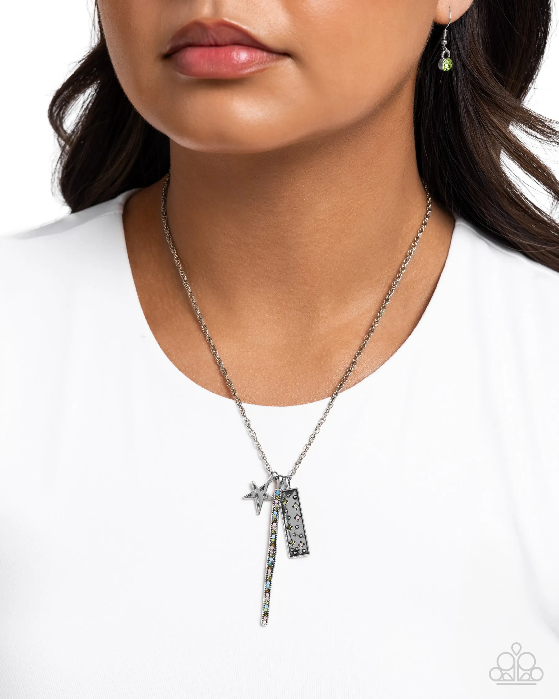 Stellar Sensei - Green - Opalescent and Iridescent Rhinestone Silver Star Paparazzi Short Necklace