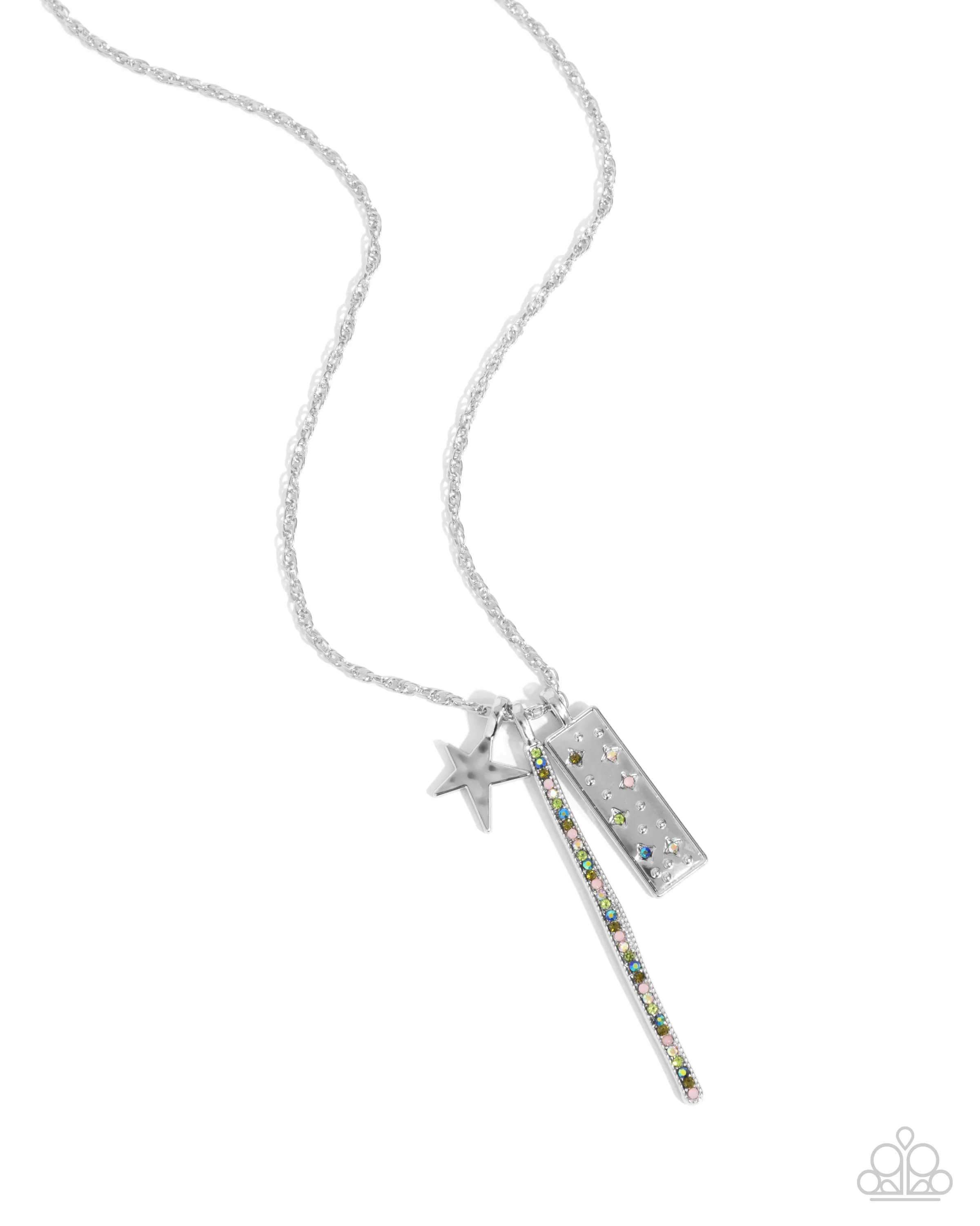 Stellar Sensei - Green - Opalescent and Iridescent Rhinestone Silver Star Paparazzi Short Necklace