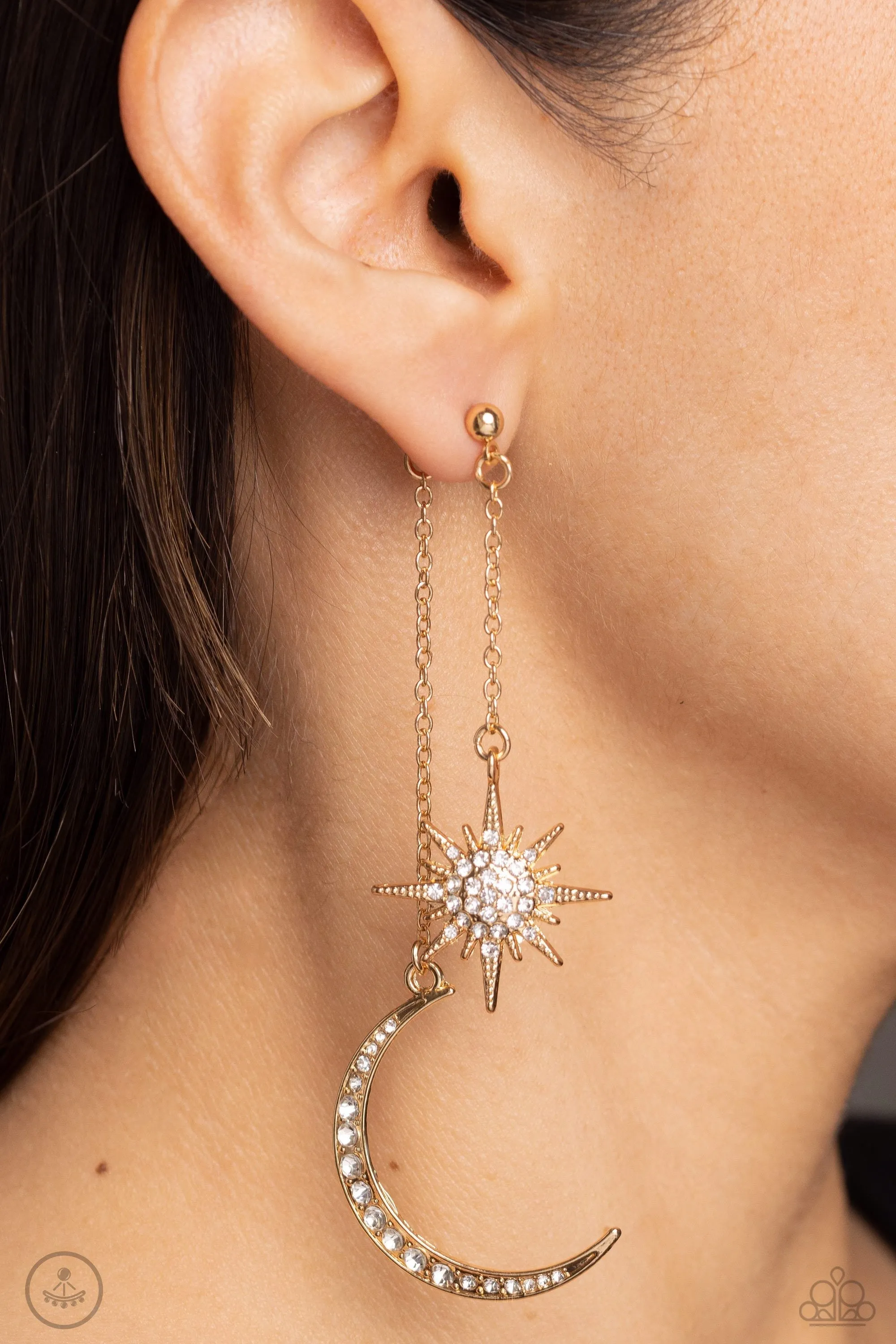 Stellar Showstopper - Gold - White Rhinestone Star and Moon Paparazzi Ear Jacket Earrings - 2023 Summer Party Pack Exclusives