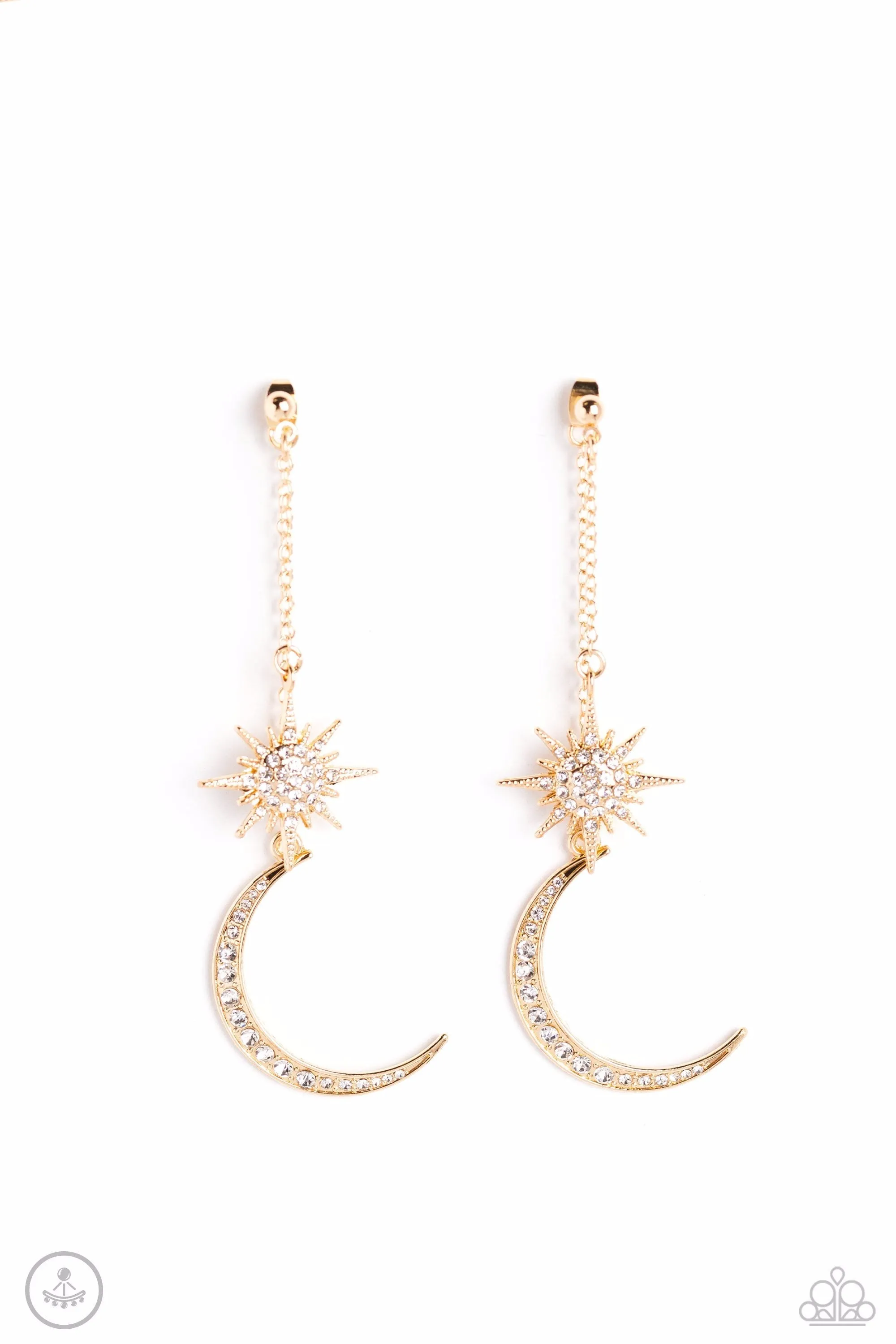 Stellar Showstopper - Gold - White Rhinestone Star and Moon Paparazzi Ear Jacket Earrings - 2023 Summer Party Pack Exclusives