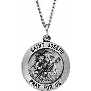 Sterling Silver 22 mm Round St. Joseph Medal 24" Necklace