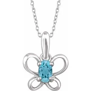 Sterling Silver 4x3 mm Oval March Youth Butterfly Birthstone 15" Necklace