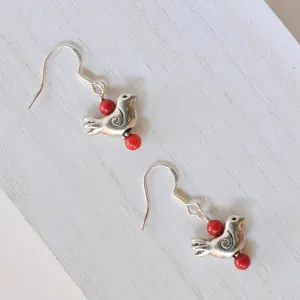 Sterling SIlver & Fire Coral Bird Earrings - Featherhead Studio