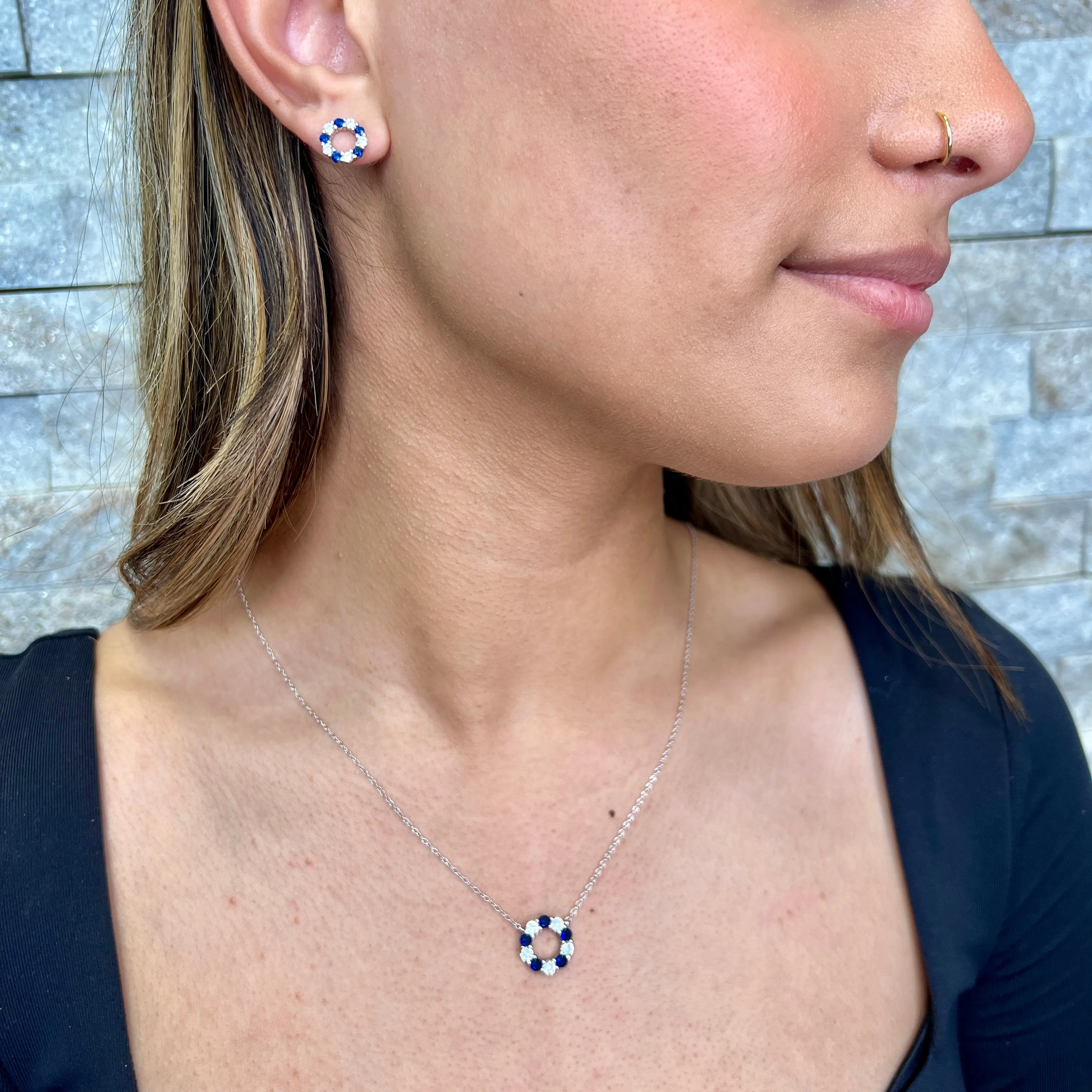 Sterling Silver Blue and Clear Cubic Zirconia Circle Necklace and Earring Set