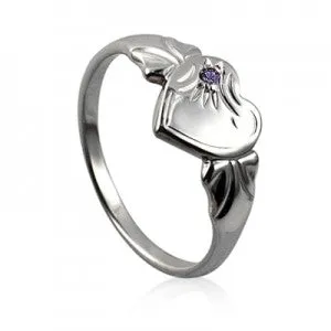 Sterling Silver February Birthstone Single Heart Signet Ring