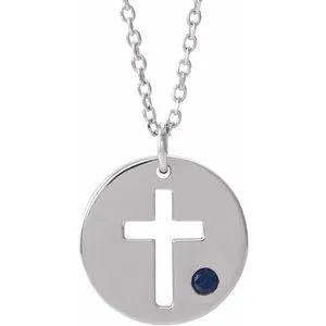 Sterling Silver Imitation Sapphire Pierced Cross Disc 16-18" Necklace
