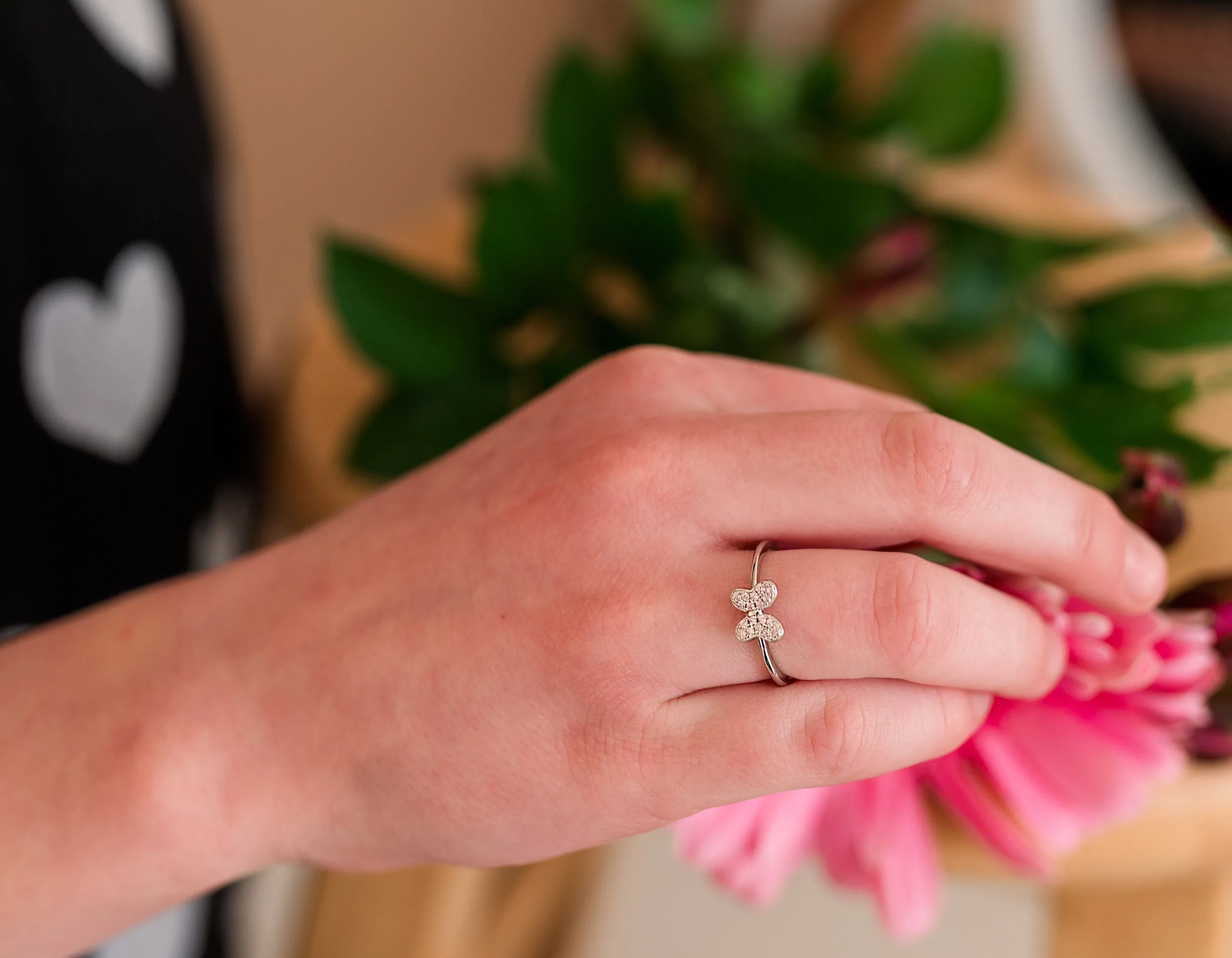 Sterling Silver Pink Butterfly Ring with CZs for Kids