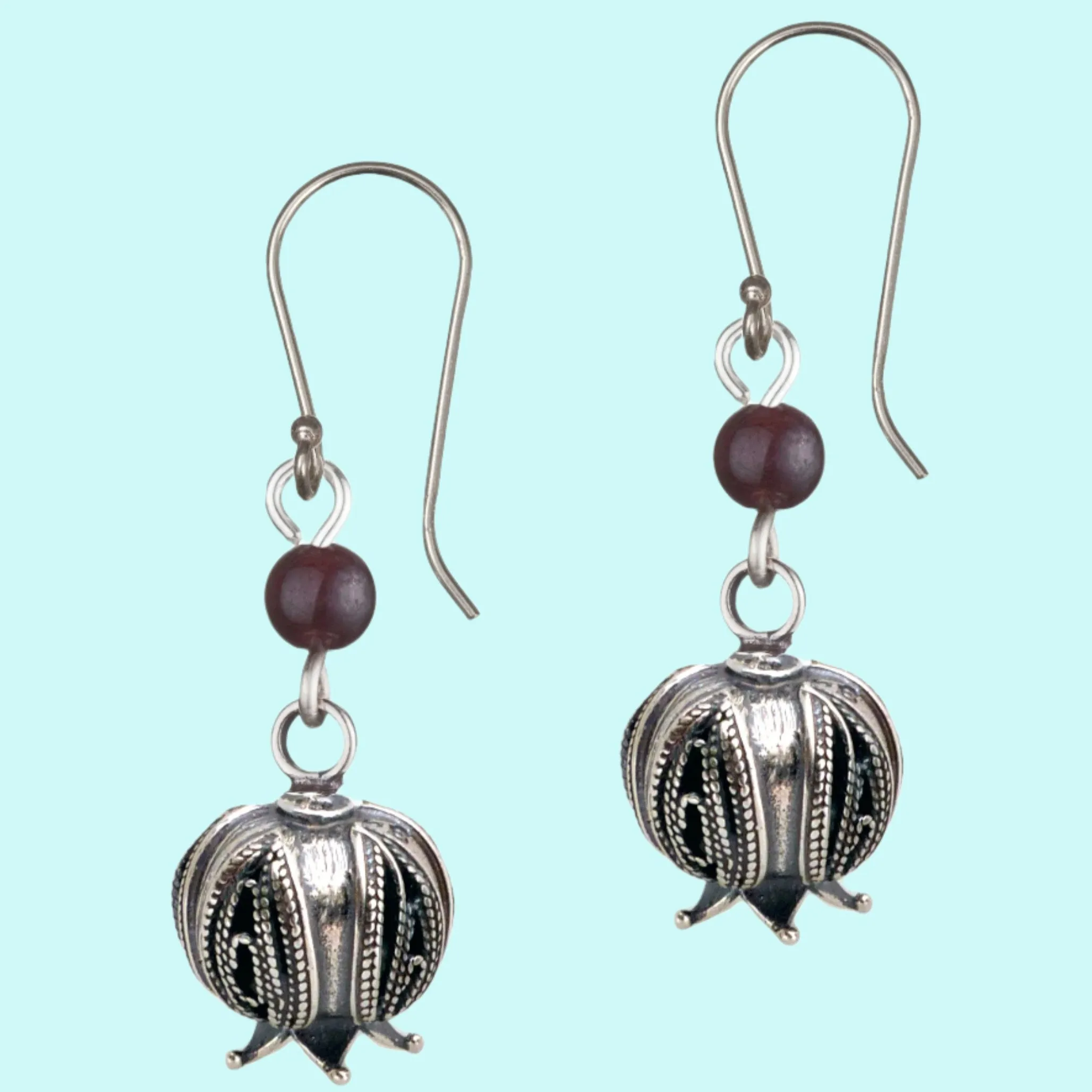 Sterling silver Pomegranate Earrings Filigree  with a gemstone bead