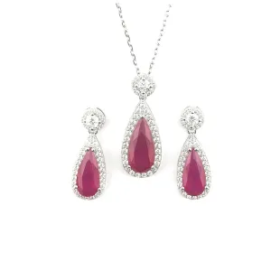 Sterling Silver Red and White Cubic Zirconia Earring and Pendant Set
