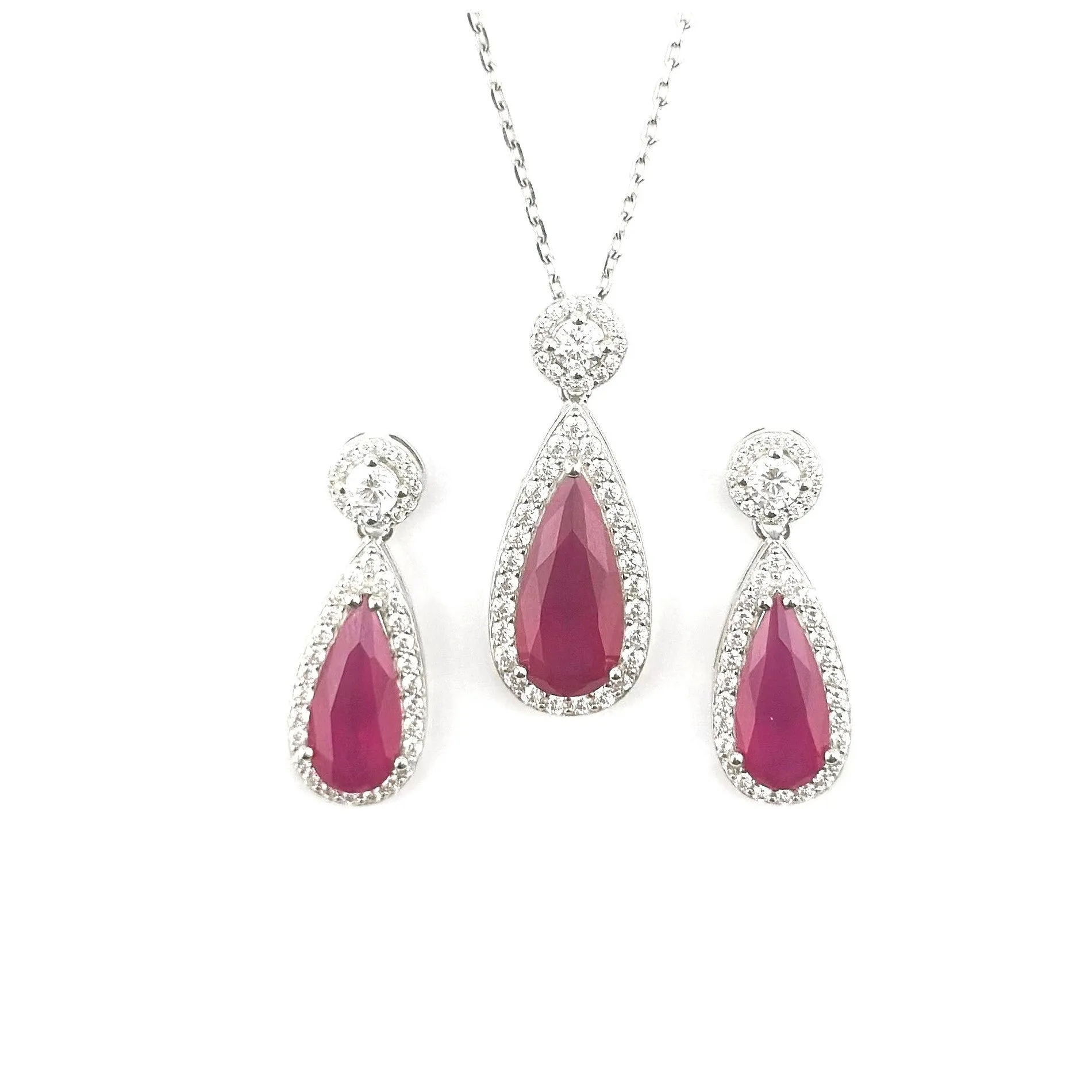 Sterling Silver Red and White Cubic Zirconia Earring and Pendant Set