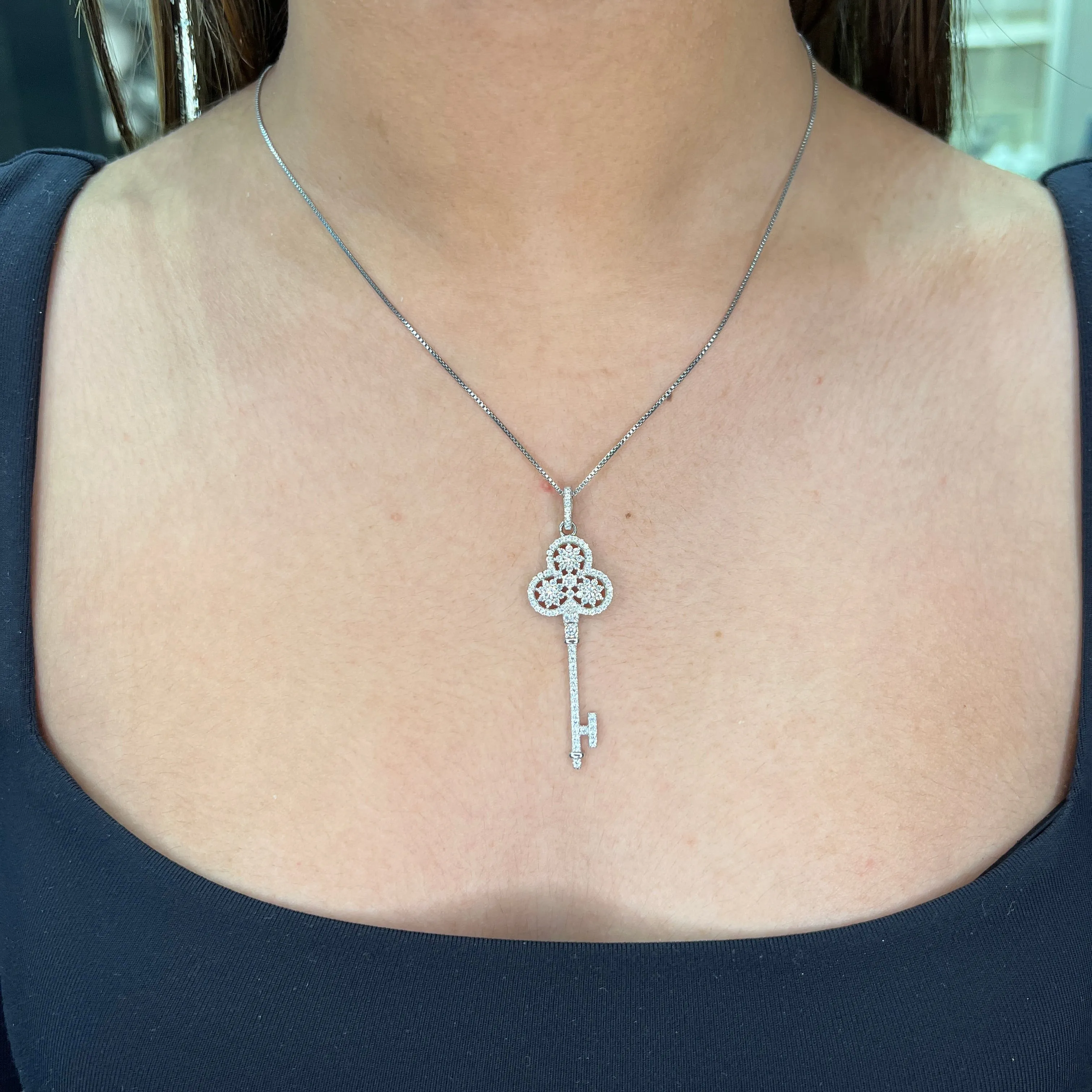 Sterling Silver Rhodium Plated CZ Key Necklace
