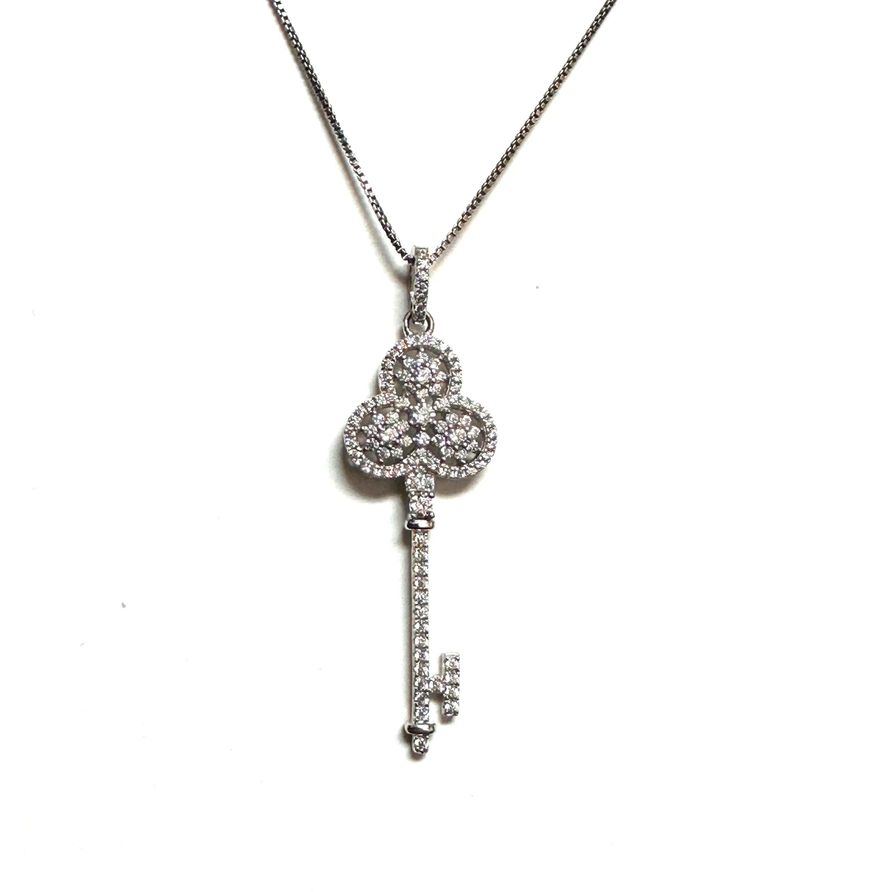 Sterling Silver Rhodium Plated CZ Key Necklace