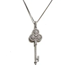 Sterling Silver Rhodium Plated CZ Key Necklace
