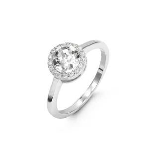 Sterling Silver Rhodium Plated Halo CZ April Birthstone Ring