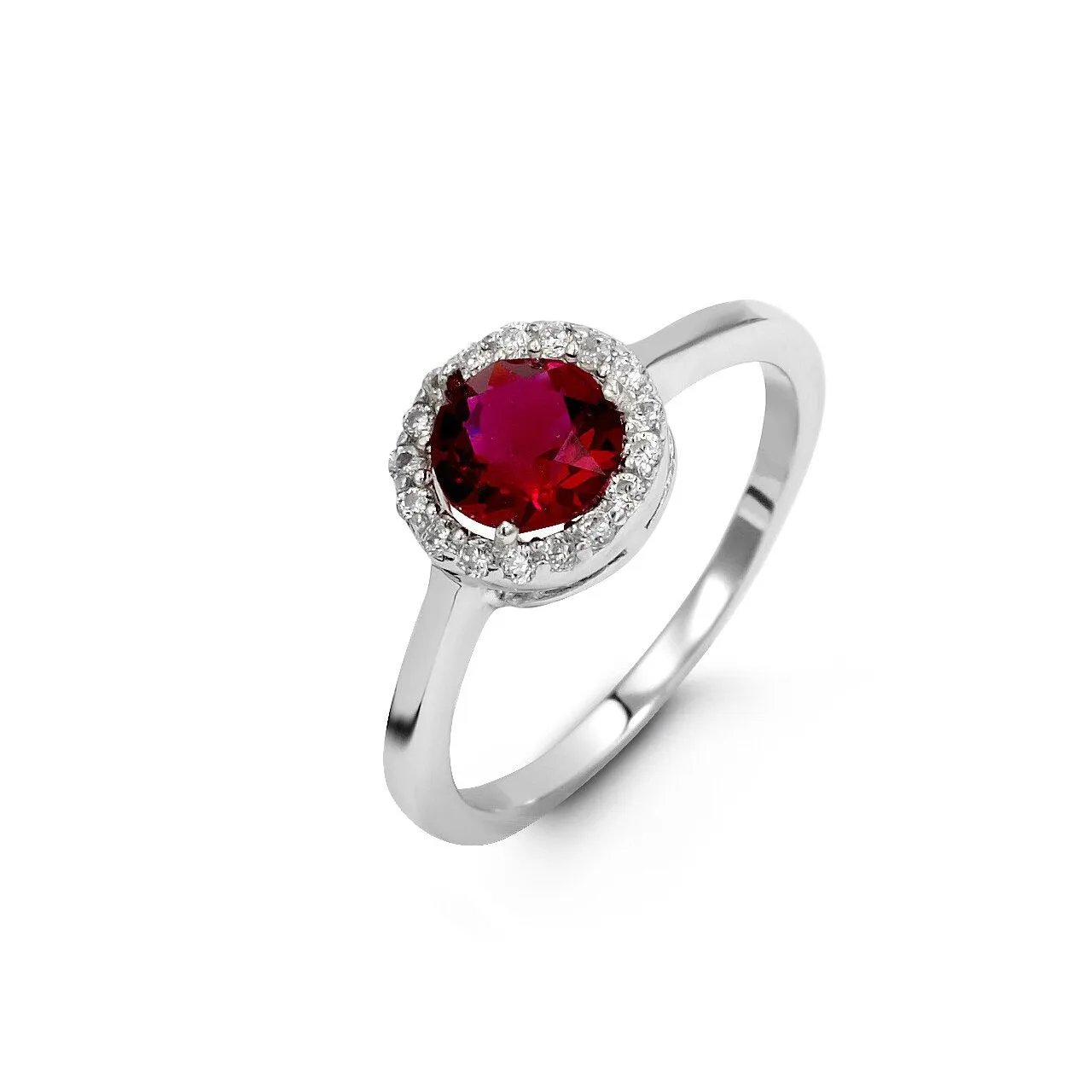 Sterling Silver Rhodium Plated Halo CZ July Birthstone Ring