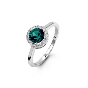 Sterling Silver Rhodium Plated Halo CZ May Birthstone Ring