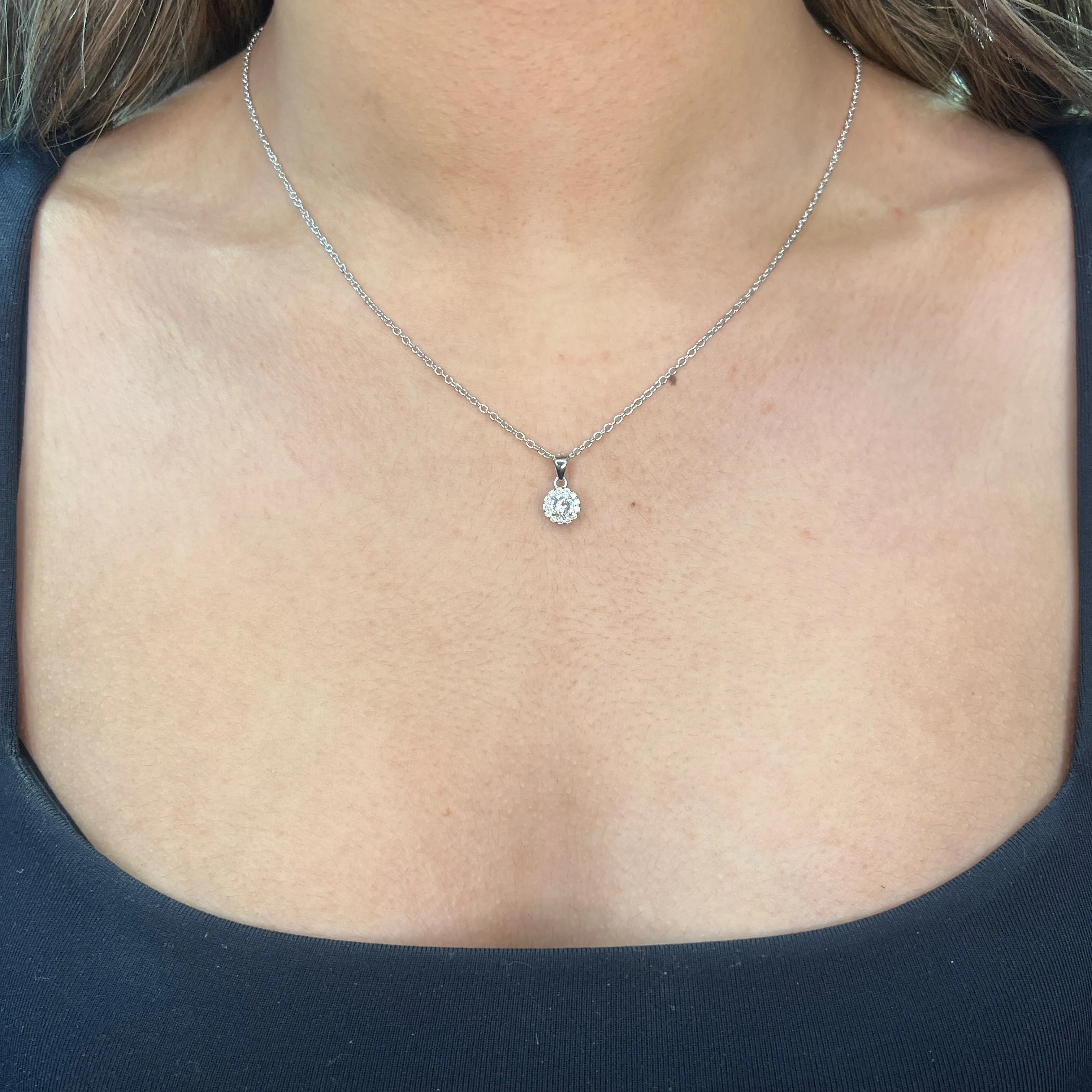 Sterling Silver Rhodium Plated Halo CZ Necklace