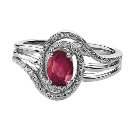 Sterling Silver Rhodium Plated July Birthstone Ruby and Diamond Ring