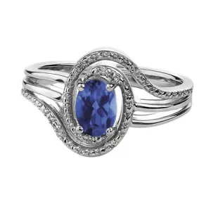 Sterling Silver Rhodium Plated (September) Birthstone Sapphire and Diamond Ring