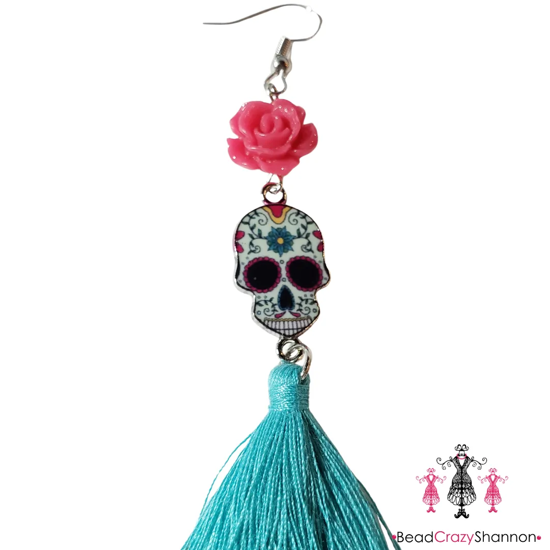 Sugar Skulls Tassel Earrings [with flower]
