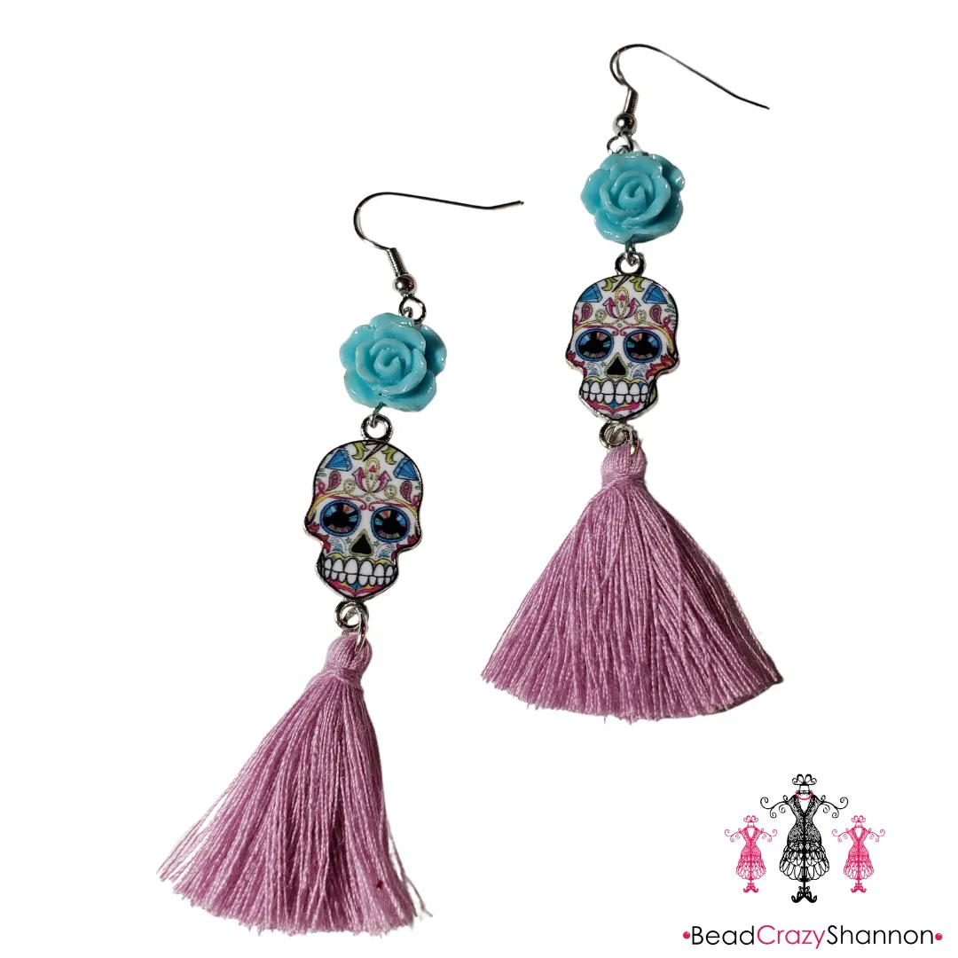 Sugar Skulls Tassel Earrings [with flower]