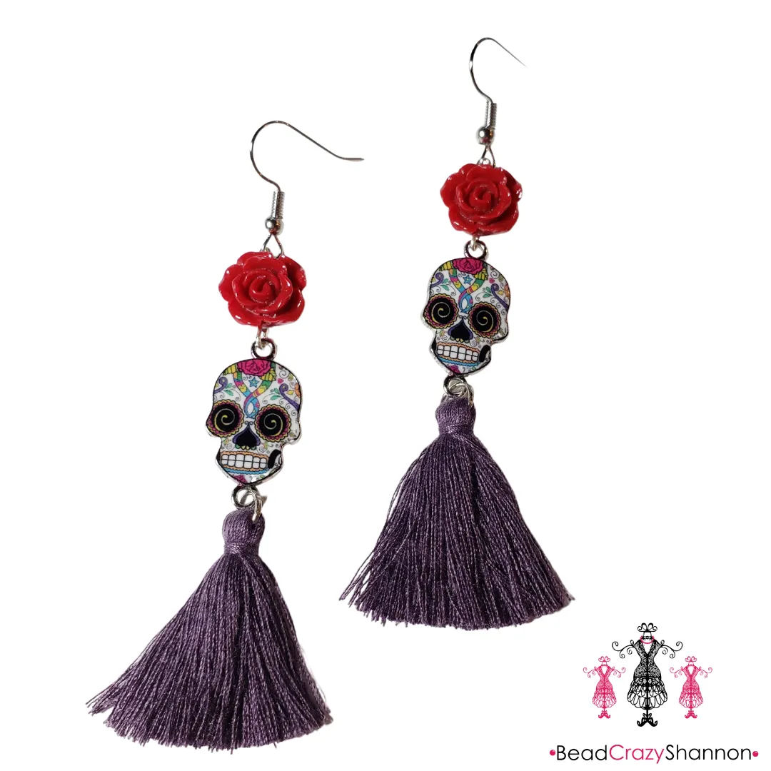 Sugar Skulls Tassel Earrings [with flower]