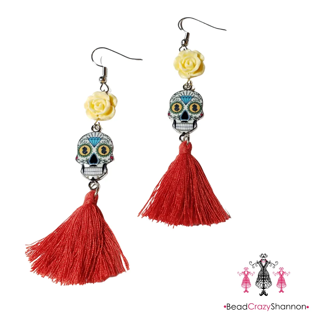 Sugar Skulls Tassel Earrings [with flower]