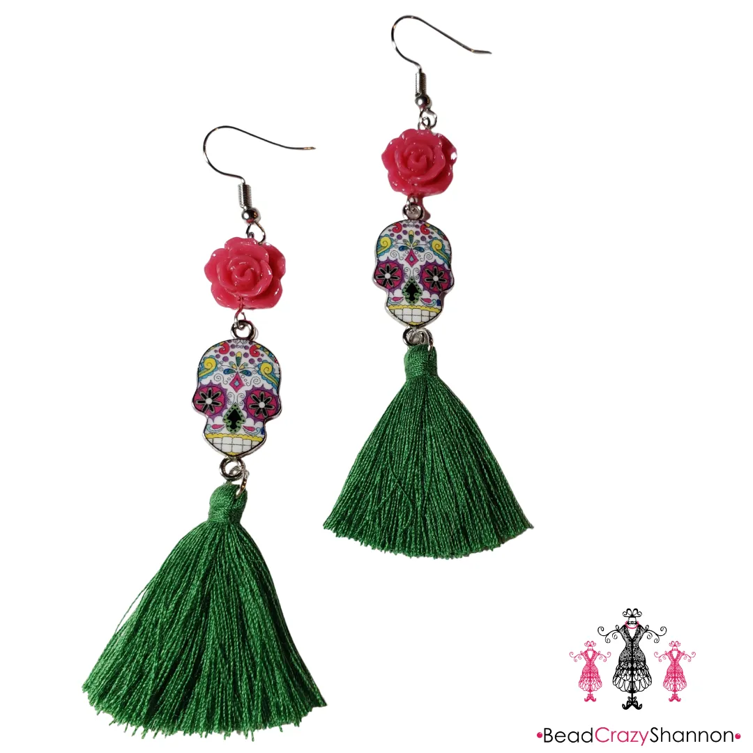 Sugar Skulls Tassel Earrings [with flower]